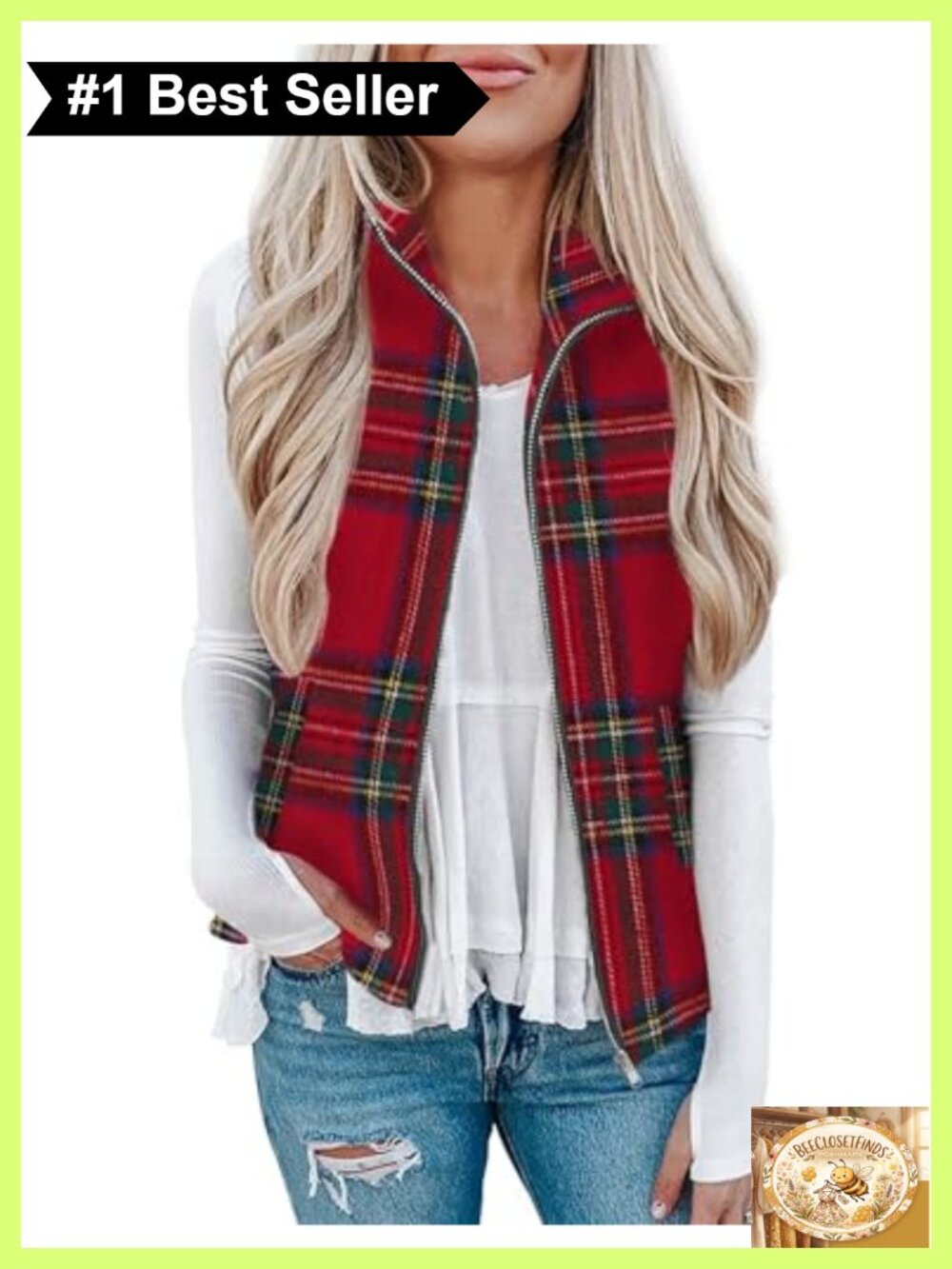 Plaid Zip Up Collared Sleeveless Vest Jacket with Pockets